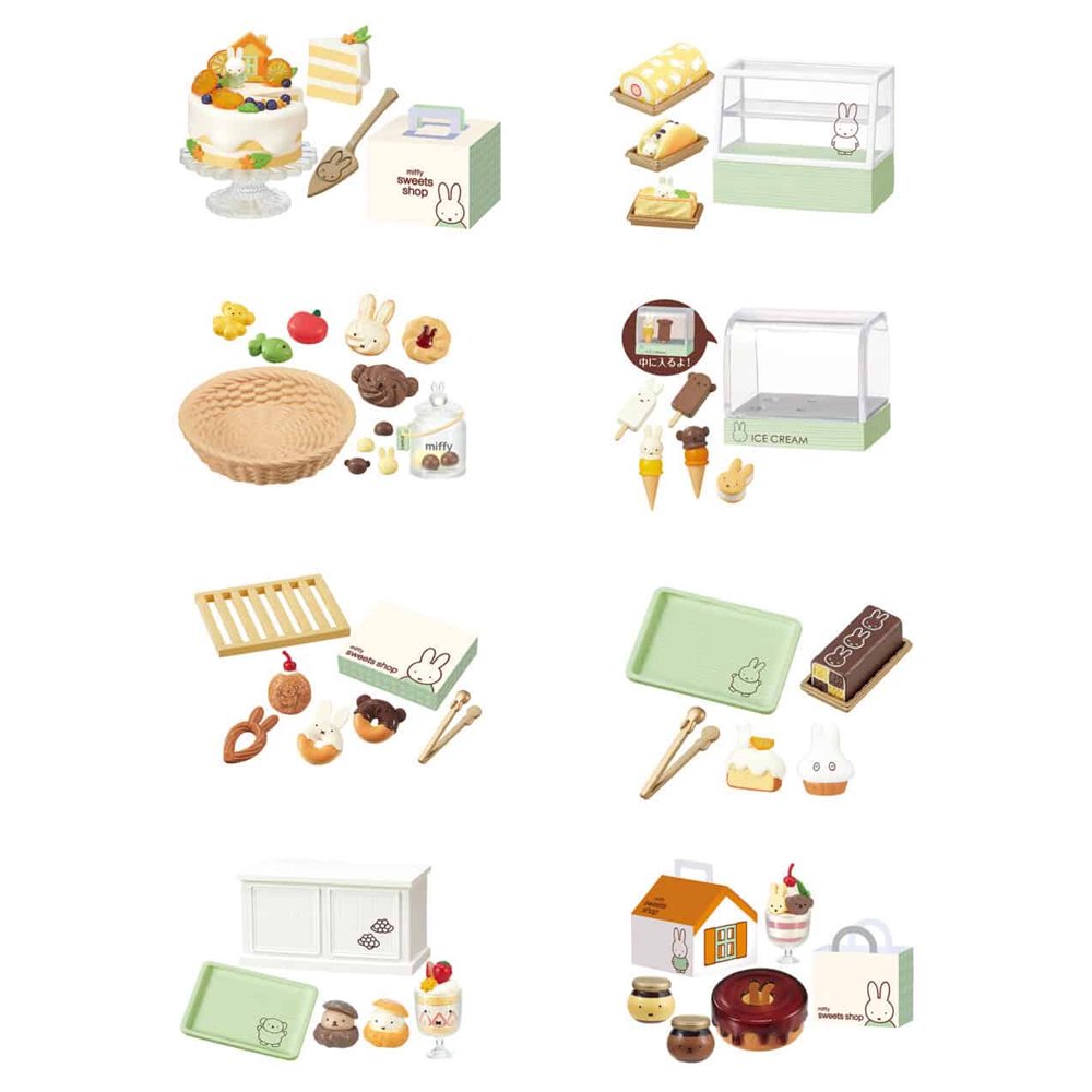 Officially licensed Miffy Sweets Shop Re-Ment miniature collection featuring 8 unique bakery-themed blind box sets featuring Miffy and Boris Bear pastries