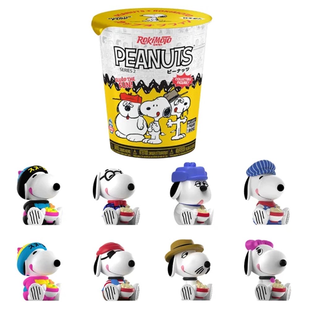 Officially licensed Peanuts Snoopy Rokimoto Series 2 noodle cup blind box packaging pictured above eight collectible Snoopy mini figures wearing various hats and costumes holding ramen bowls