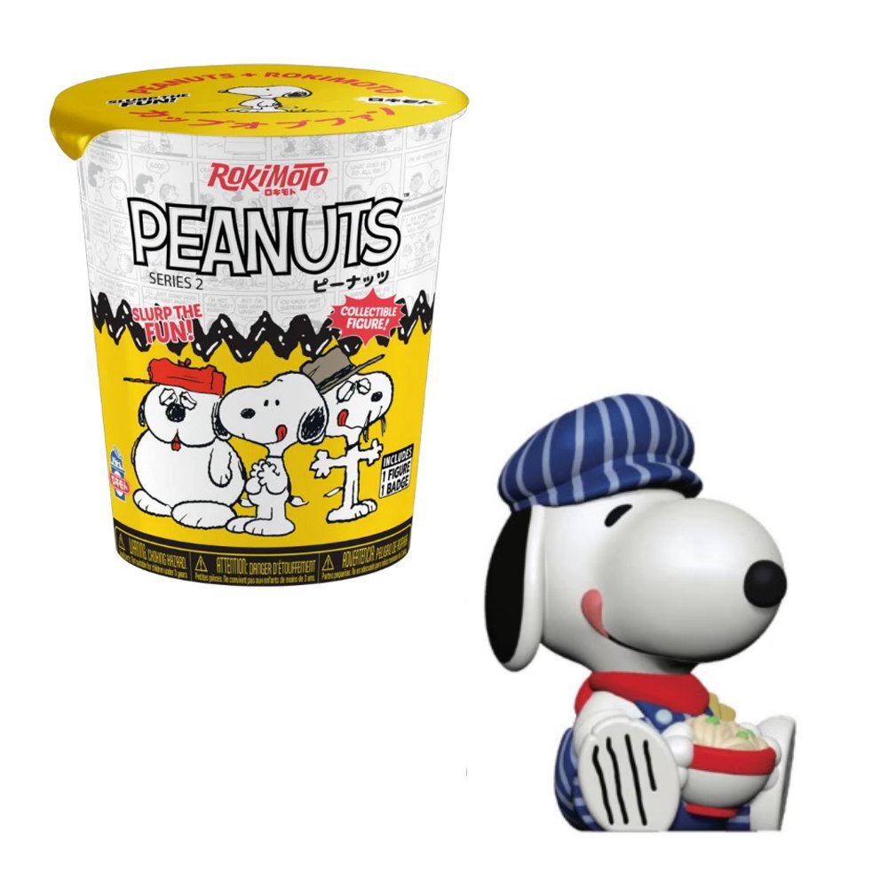 Officially licensed Peanuts Snoopy Rokimoto Series 2 noodle cup blind box packaging pictured above eight collectible Snoopy mini figures wearing various hats and costumes holding ramen bowls