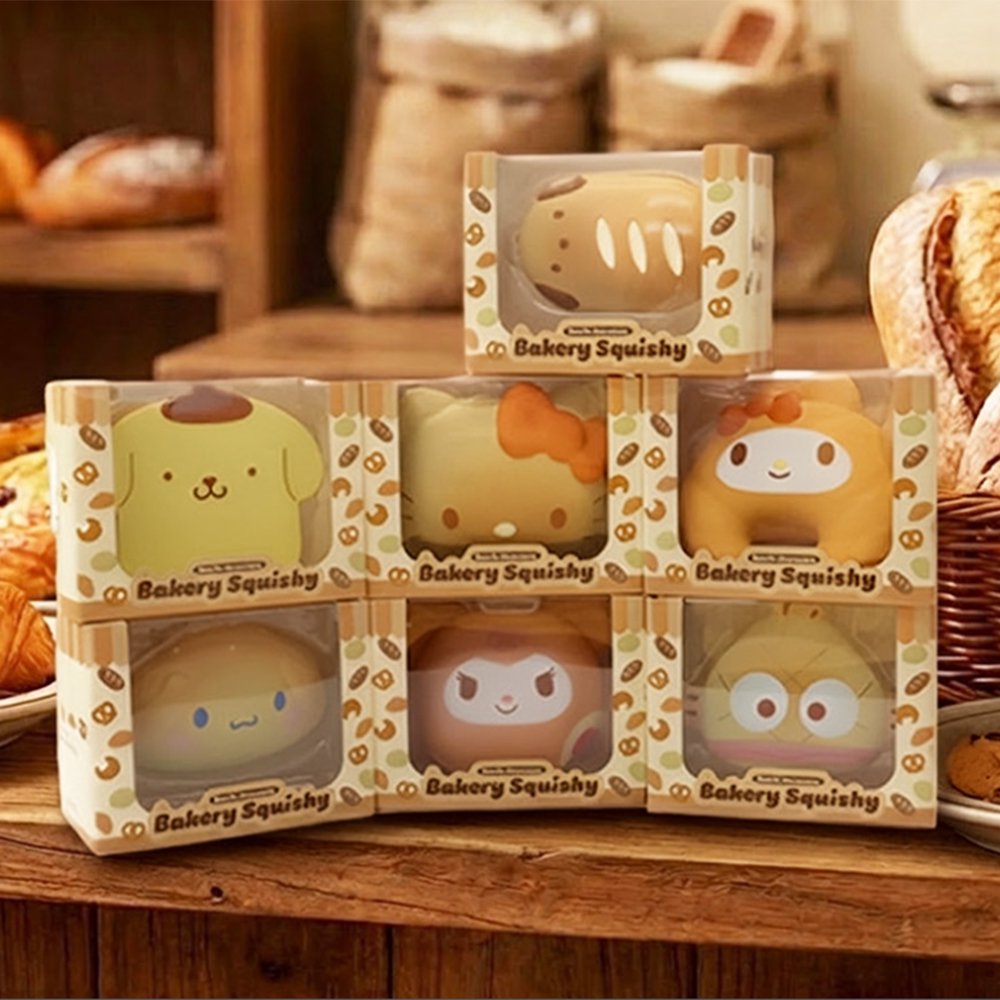 An officially licensed Sanrio Bakery Squishy Toy collection, each shaped like golden bread bun