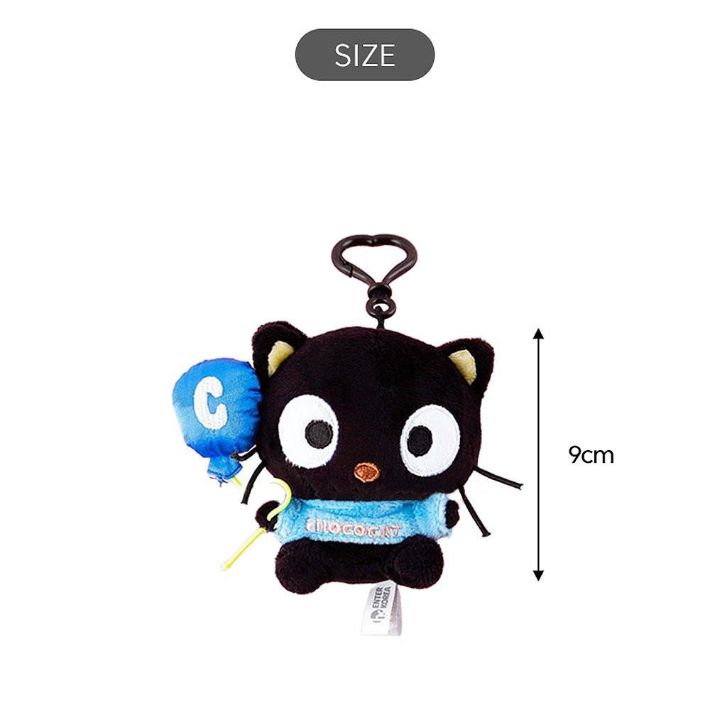 Sanrio Chcocat plush toy with blue outfit and balloon, size indicated.
