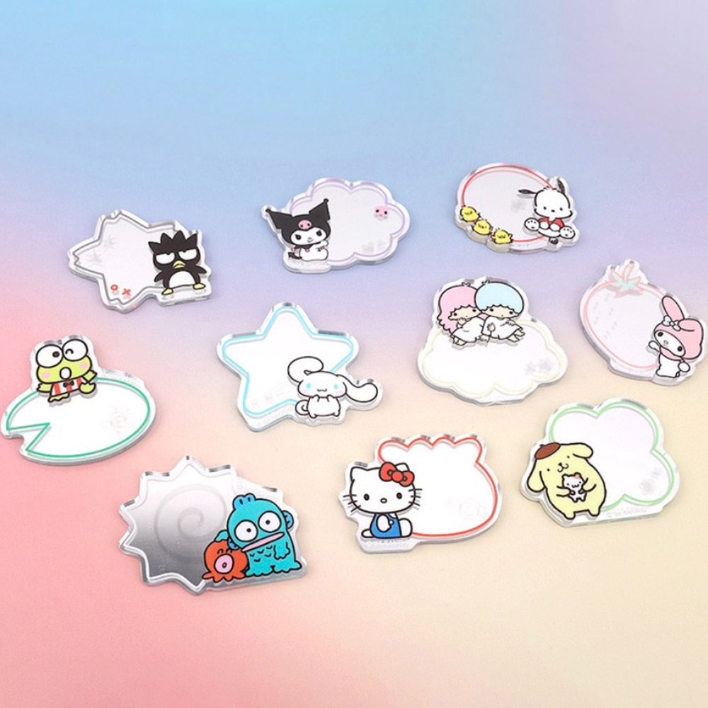 A collection of ten colorful, die-cut acrylic mirrors featuring officially licensed Sanrio characters like Hello Kitty, My Melody, and Cinnamoroll. Each mirror includes a character illustration next to a small reflective surface in various shapes like stars, clouds, and hearts.