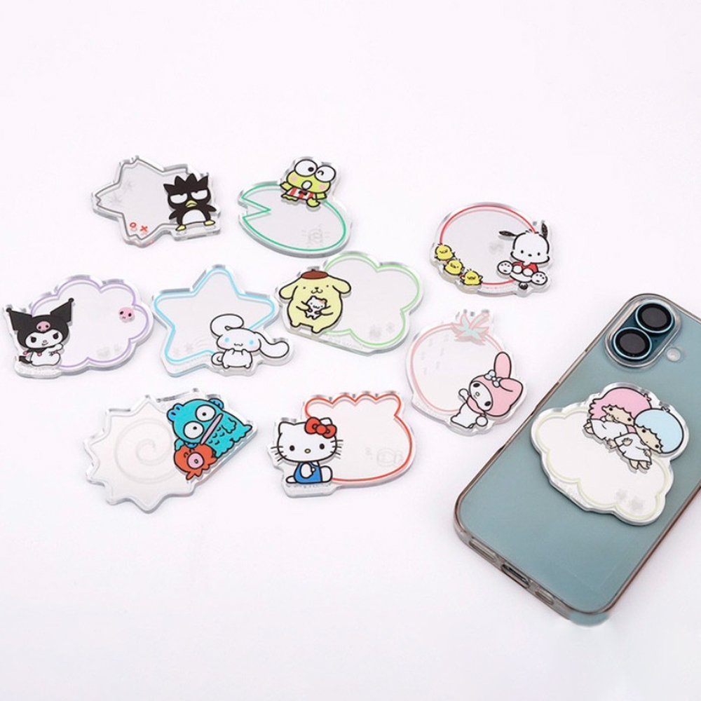 A collection of ten colorful, die-cut acrylic mirrors featuring officially licensed Sanrio characters like Hello Kitty, My Melody, and Cinnamoroll. Each mirror includes a character illustration next to a small reflective surface in various shapes like stars, clouds, and hearts.