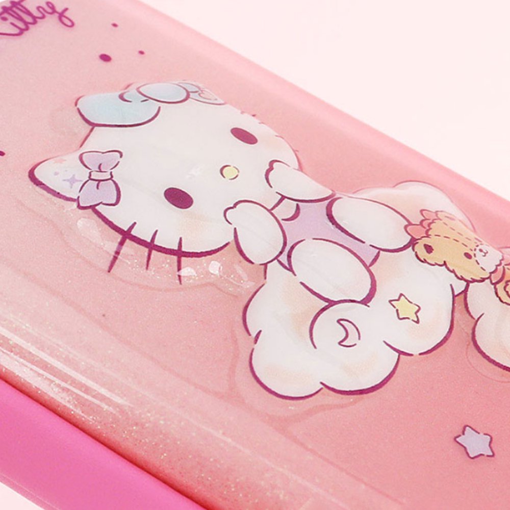 Three officially licensed Sanrio hard shell pencil cases featuring Hello Kitty, Pochacco, and Cinnamoroll on dreamy pastel glitter gradients