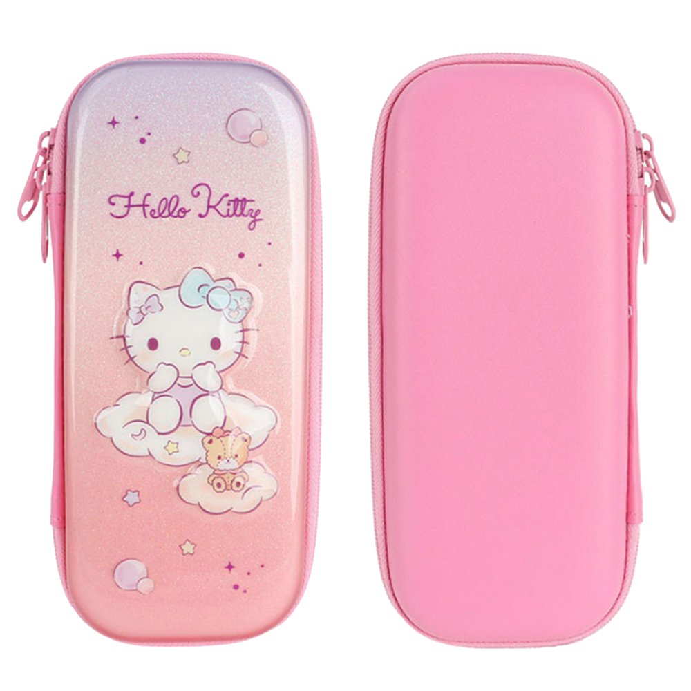 Three officially licensed Sanrio hard shell pencil cases featuring Hello Kitty, Pochacco, and Cinnamoroll on dreamy pastel glitter gradients