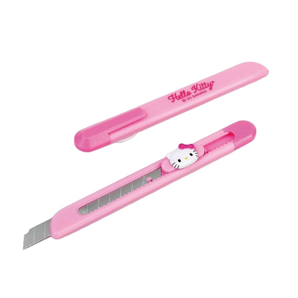 A collection of officially licensed Sanrio character pocket utility knives featuring Hello Kitty, Kuromi, My Melody, Pochacco, Pompompurin, and Cinnamoroll designs.