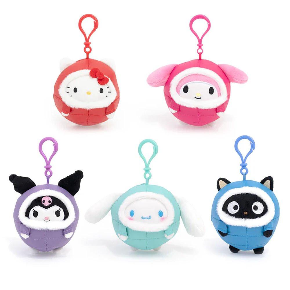 Officially licensed by Sanrio Character Hello Kitty, My melody, Kuromi, Cinnamoroll and Chococat plush keychain in winter puffer jacket . on a white background. There're perfect for bagpack charm, keychain, displaying, or gifting to Sanrio fans of all ages.