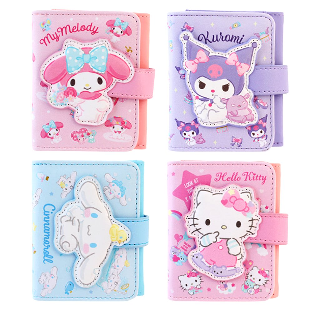 An officially licensed Sanrio collection of tri-fold wallets in pink, purple, and blue featuring large 3D padded appliqués of Hello Kitty, My Melody, Cinnamoroll, and Kuromi
