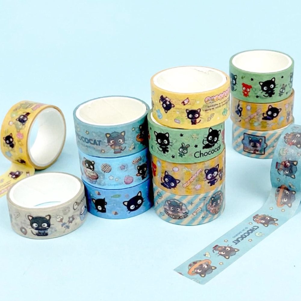 An officially licensed Sanrio 8-in-1 masking tape set featuring unique patterns of the beloved Chococat with his signature whiskers and playful expressions