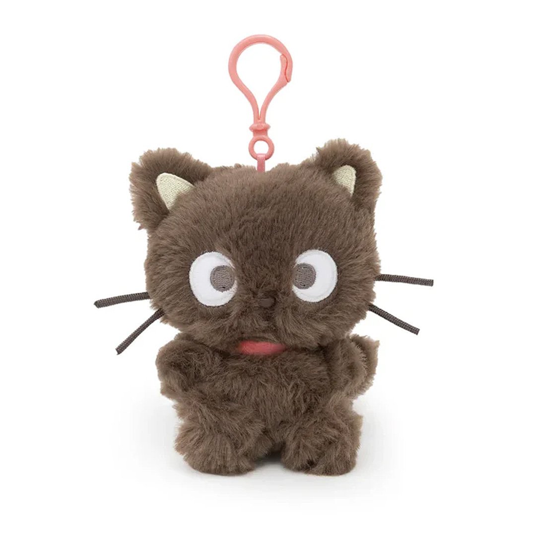 Sanrio Chococat Plush keychain of a Choco brown cat with a pink clip on a white background