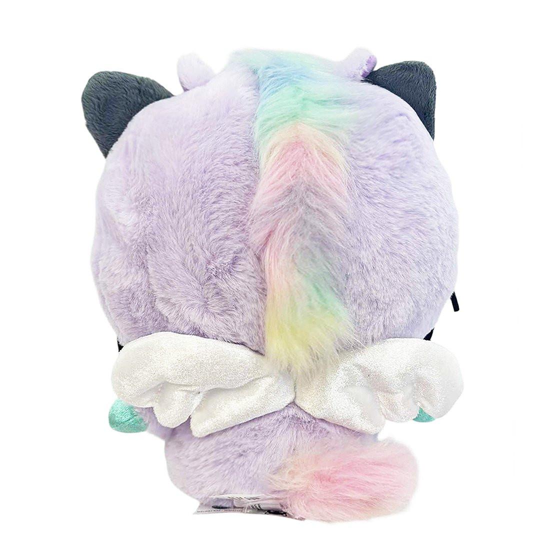 Sanrio officially licensed Chococat is transformed into a sparkling Pegasus wearing a super soft, fluffy purple costume. Features shimmering pastel colors, glittery wings, and a gorgeous rainbow tail, making it a must-have fantasy friend. Perfect for gifting, collecting, or adding a vibrant pop of color to any room!