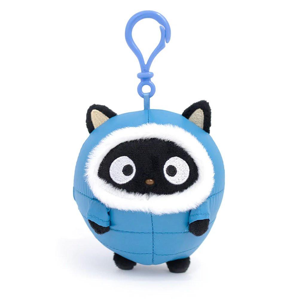 Officially licensed by Sanrio Chococat plush keychain in winter blue color puffer jacket . on a white background. There're perfect for bagpack charm, keychain, displaying, or gifting to Sanrio fans of all ages.