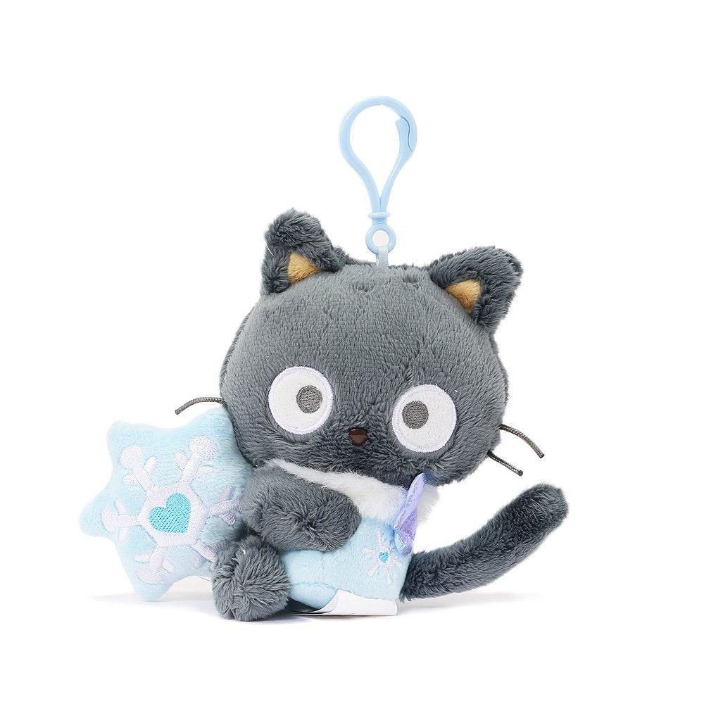 Sanrio Chococat Snow Angel mascot backpack keychain plush with iridescent bow, holding a blue snow flake. makes a great gift for Sanrio fans, plush collectors, Thanksgiving, or Christmas!