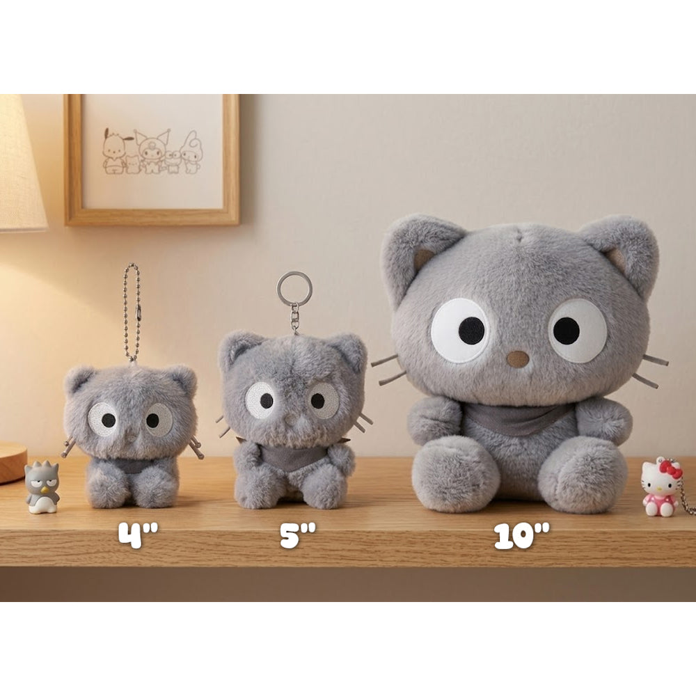 An officially licensed Sanrio monochrome plush featuring Chococat in different sizes, 4 inches, 5 inches, 10 inches tall each