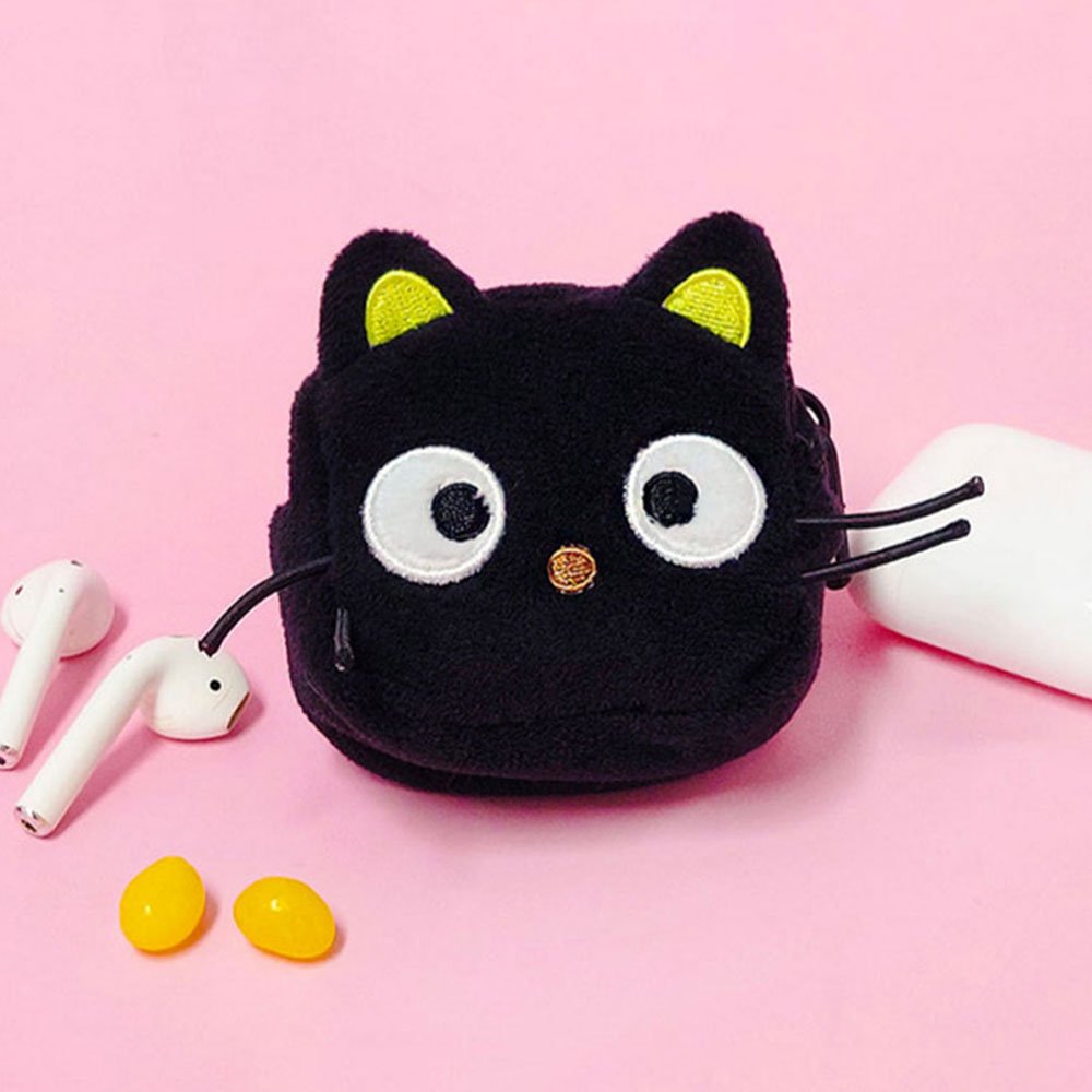 Sanrio Chococat pouch designed to look like a black cat with black body and yellow accents on the ears, eyes, and nose. The pouch has a zipper closure and a ballchain attachment.