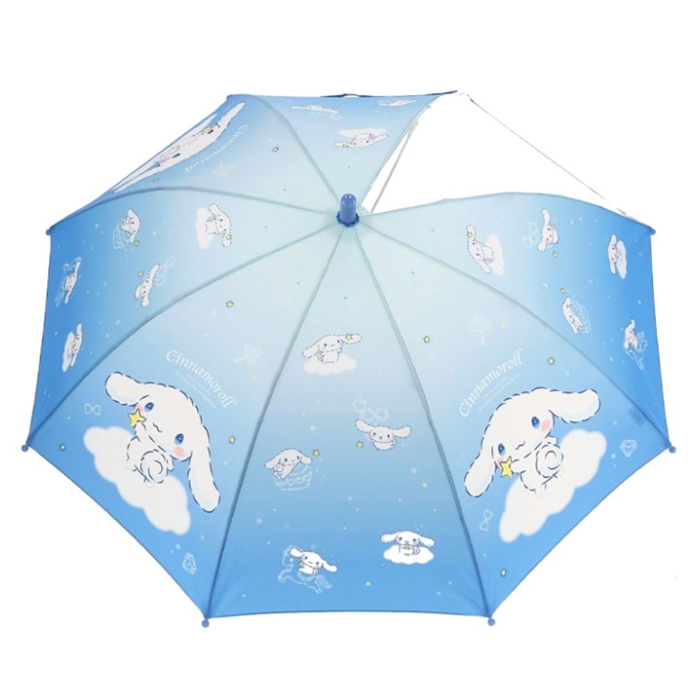 Light blue Sanrio Cinnamoroll kids' umbrella featuring a gradient canopy with one clear see-through safety panel, finished with a 3D Cinnamoroll J-handle.