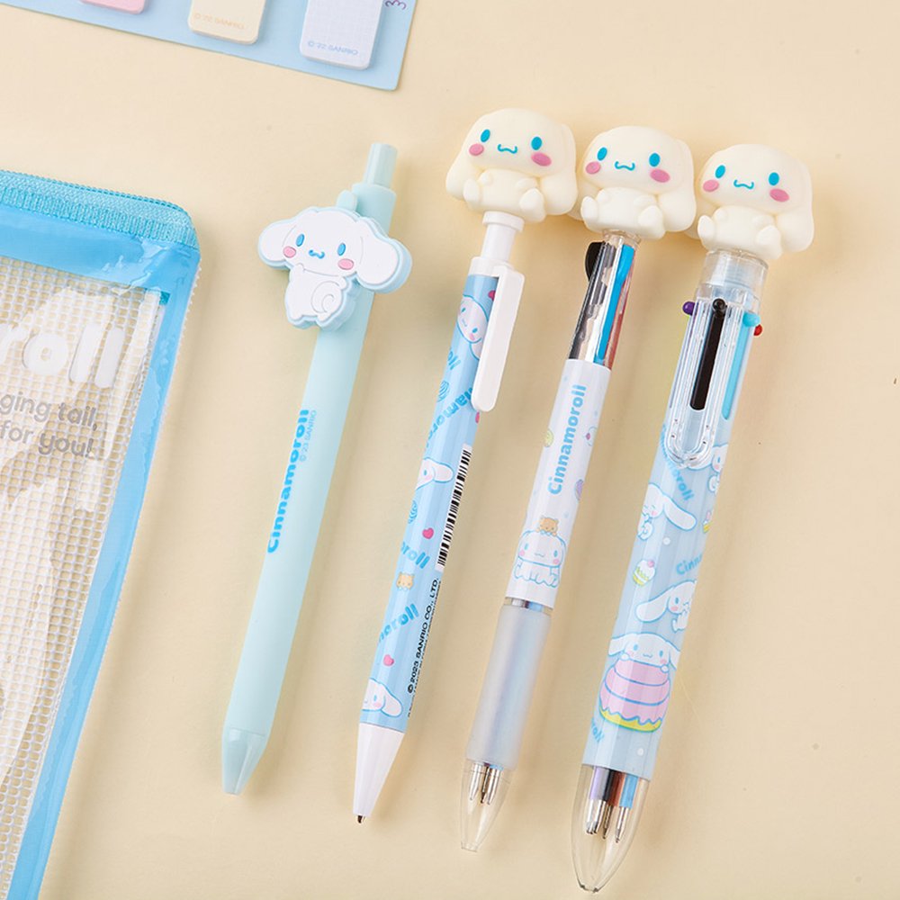 Officially licensed Sanrio Cinnamoroll stationery set featuring a clear zipper pouch, character-topped pens, sticky index memos, memo pad, random strap keychain, and a themed ruler.