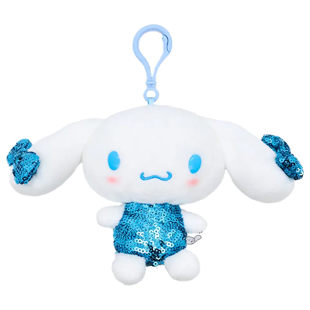Officially licensed Cinnamoroll Spangle Edition plush keychain featuring Cinnamoroll plush with blue sequined ear bows, a blue sequined outfit, and a pastel blue plastic clip