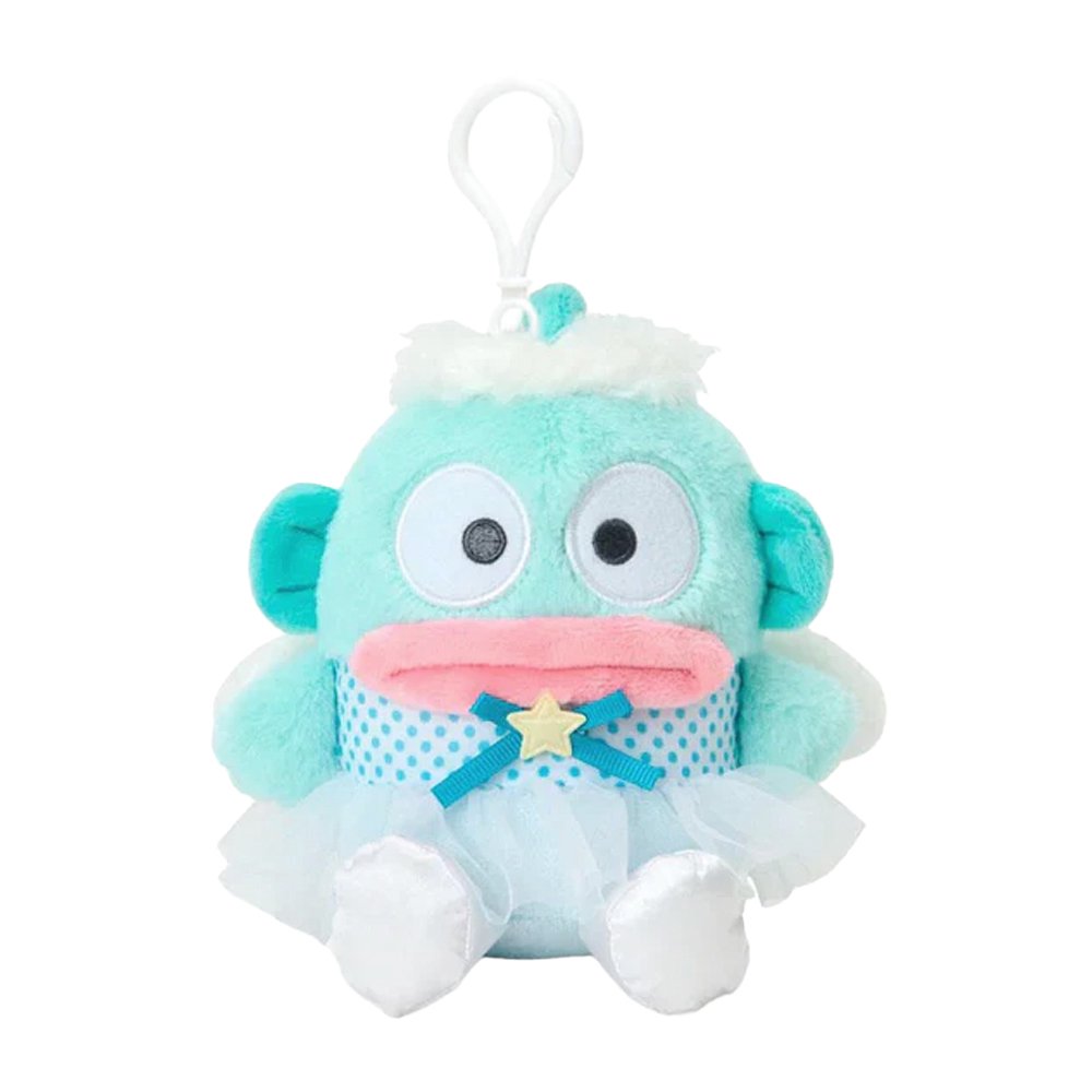 An officially licensed Sanrio Hangyodon plush keychain featuring the character in a teal ballerina tutu and polka-dot bodice with a yellow star accent. The plush includes fluffy white head trim, angel wings, and a white plastic clip for easy attachment.