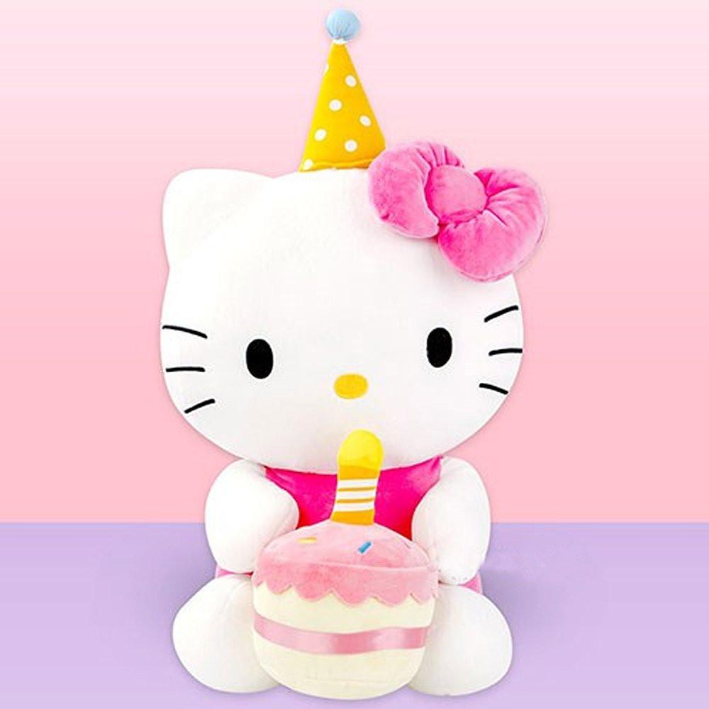 Officially licensed Sanrio Cute Hello Kitty plush wearing a party hat, holding a cake.