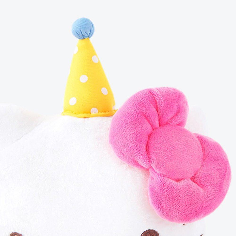 Officially licensed Sanrio Cute Hello Kitty plush wearing a party hat, holding a cake.