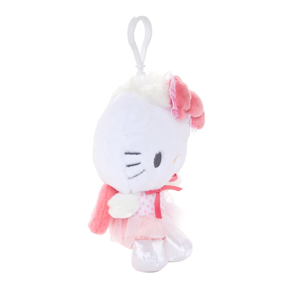 An officially licensed Sanrio Hello Kitty plush keychain featuring Hello Kitty in a pink ballerina outfit with a polka-dot bodice, a sheer tulle tutu, and soft white angel wings. The plush includes a large pink bow on her head and a white plastic clip for easy attachment.