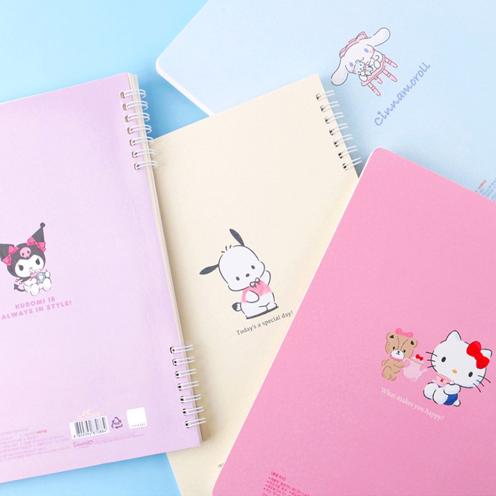 A soft pink, officially licensed Hello Kitty spiral lined notebook featuring Hello Kitty having a tea party with her teddy bear.
