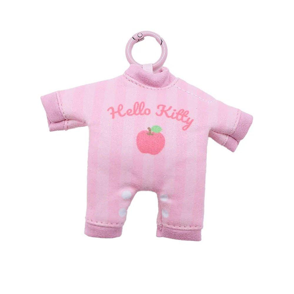 A pink Hello Kitty baby outfit plush keychain with a carabiner clip