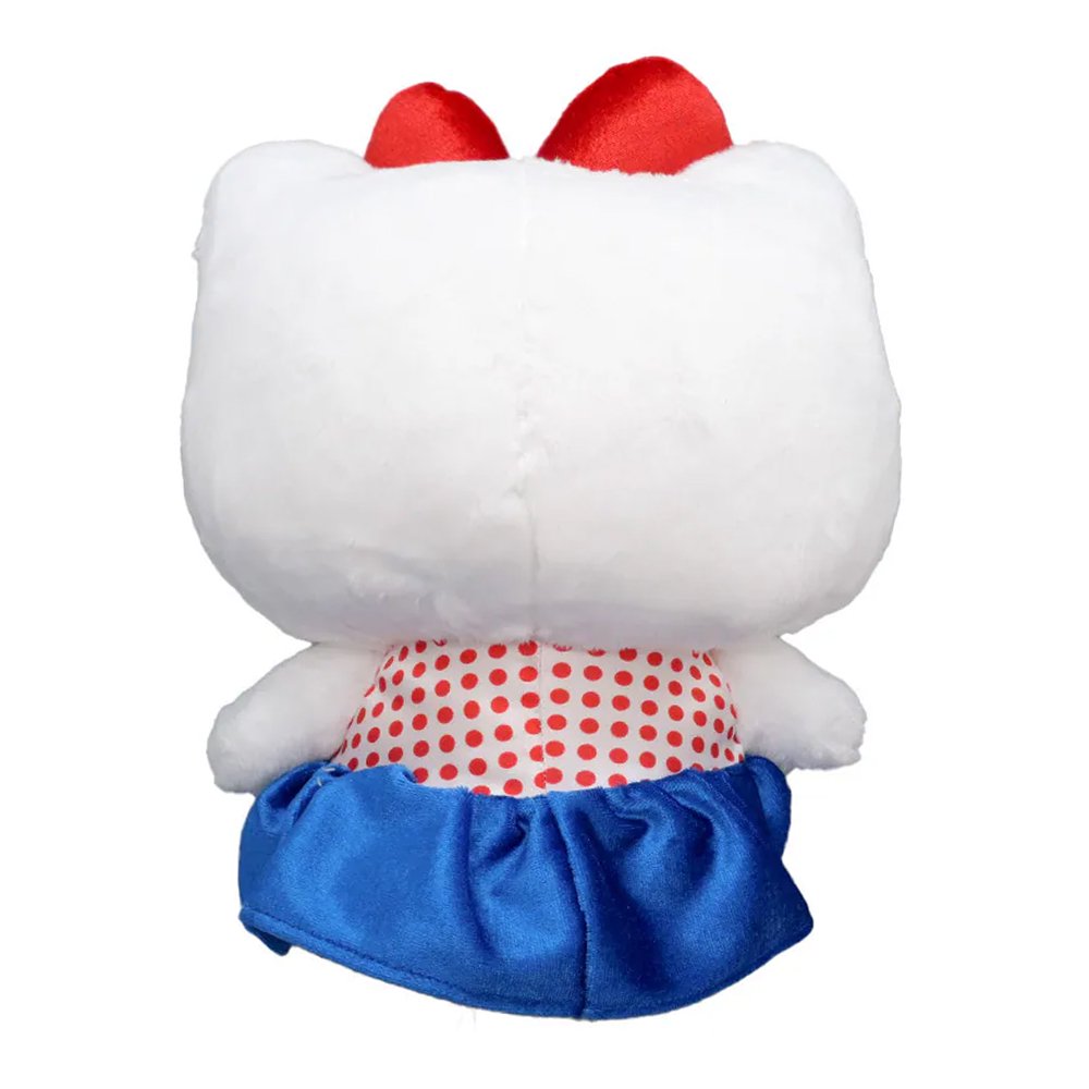 An officially licensed Hello Kitty with a Big Ribbon plush doll wearing a red and white polka dot top with a blue satin skirt and red shoes.
