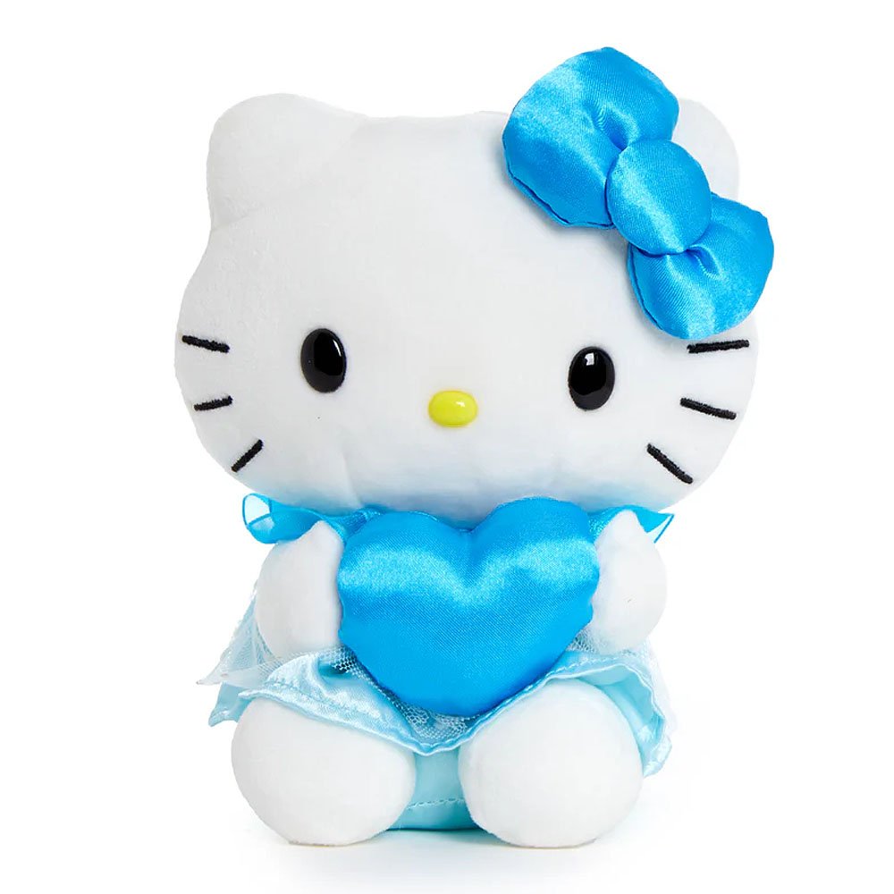 Hello Kitty with a blue bow and heart on a white background