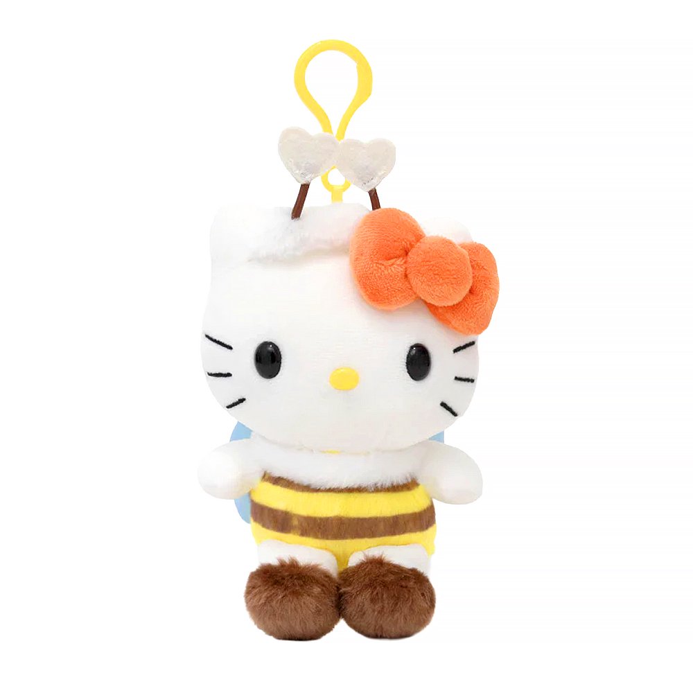 An officially licensed Hello Kitty plush keychain featuring Hello Kitty in a fuzzy yellow and brown striped bumblebee costume. She is wearing an orange bow and has two heart-shaped antennae on the head.