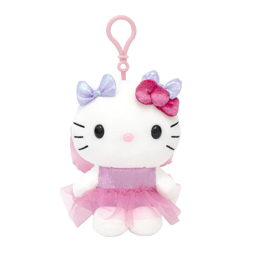 An officially licensed Hello Kitty plush keychain featuring Hello Kitty in a pink ballerina outfit with a tulle tutu, iridescent lavender bows on her ears, and large pink satin butterfly wings with heart patterns on her back.