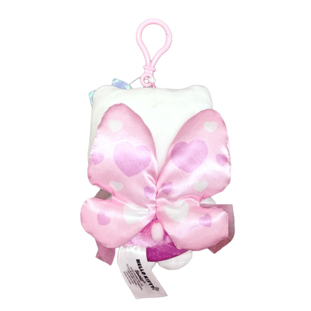 An officially licensed Hello Kitty plush keychain featuring Hello Kitty in a pink ballerina outfit with a tulle tutu, iridescent lavender bows on her ears, and large pink satin butterfly wings with heart patterns on her back.