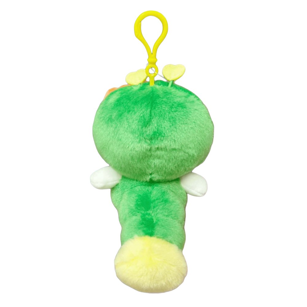 An officially licensed Hello Kitty plush keychain featuring Hello Kitty in a green and yellow caterpillar costume with an orange bow and heart-shaped antennae.