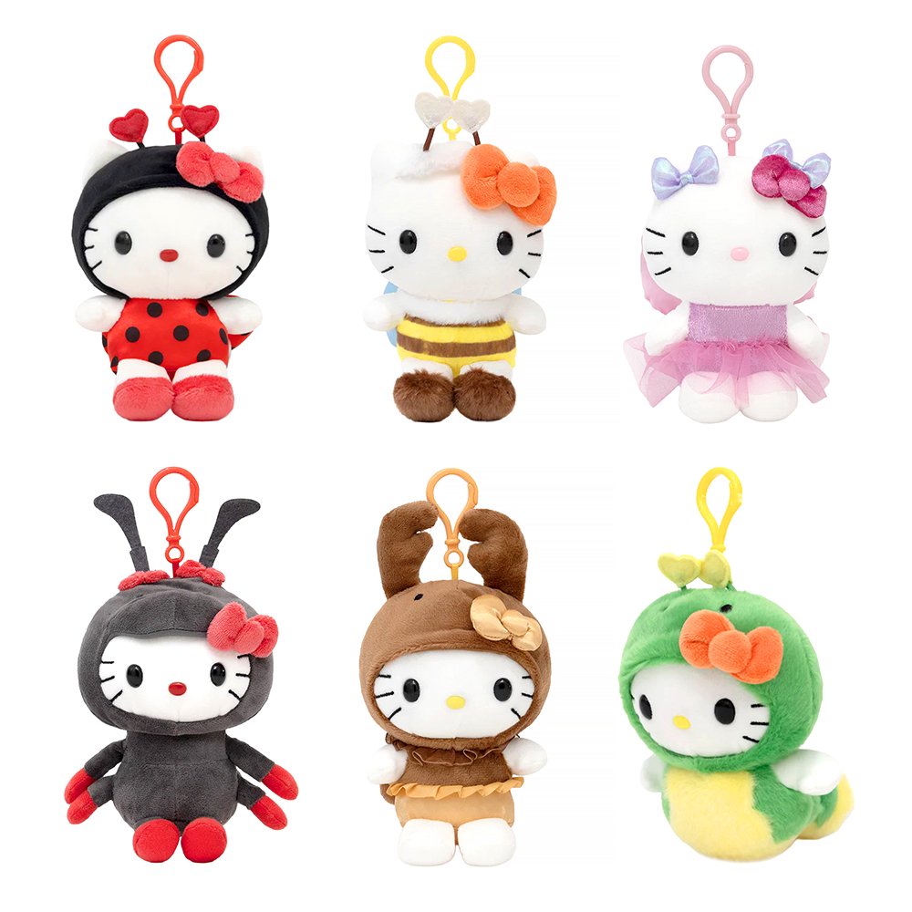 A collection of six officially licensed Hello Kitty plush keychains dressed as garden bugs, including a ladybug, bumblebee, butterfly, ant, beetle, and caterpillar, each with a matching colored lobster clasp.
