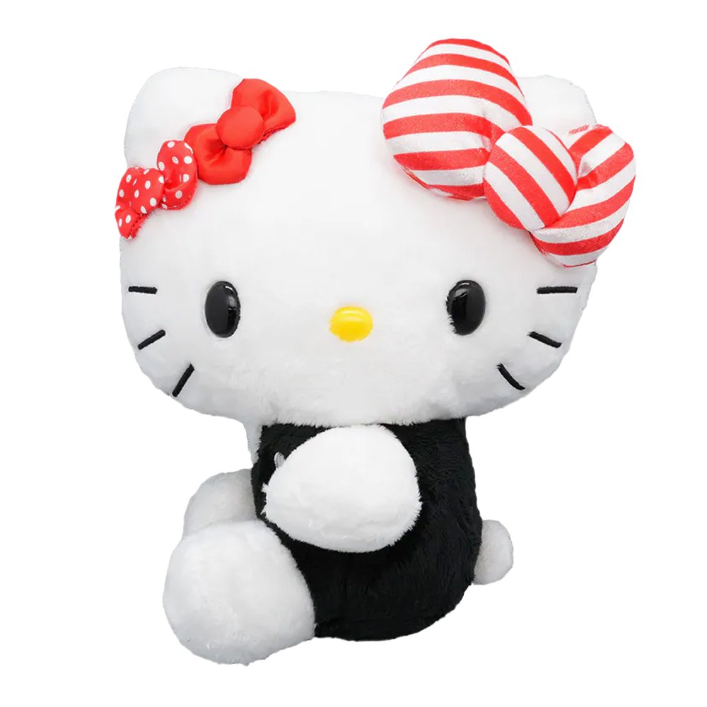 Officially licensed Hello Kitty plush toy in a black outfit, featuring three stacked bows: one solid red, one red-and-white polka dot, and one large red-and-white striped bow.