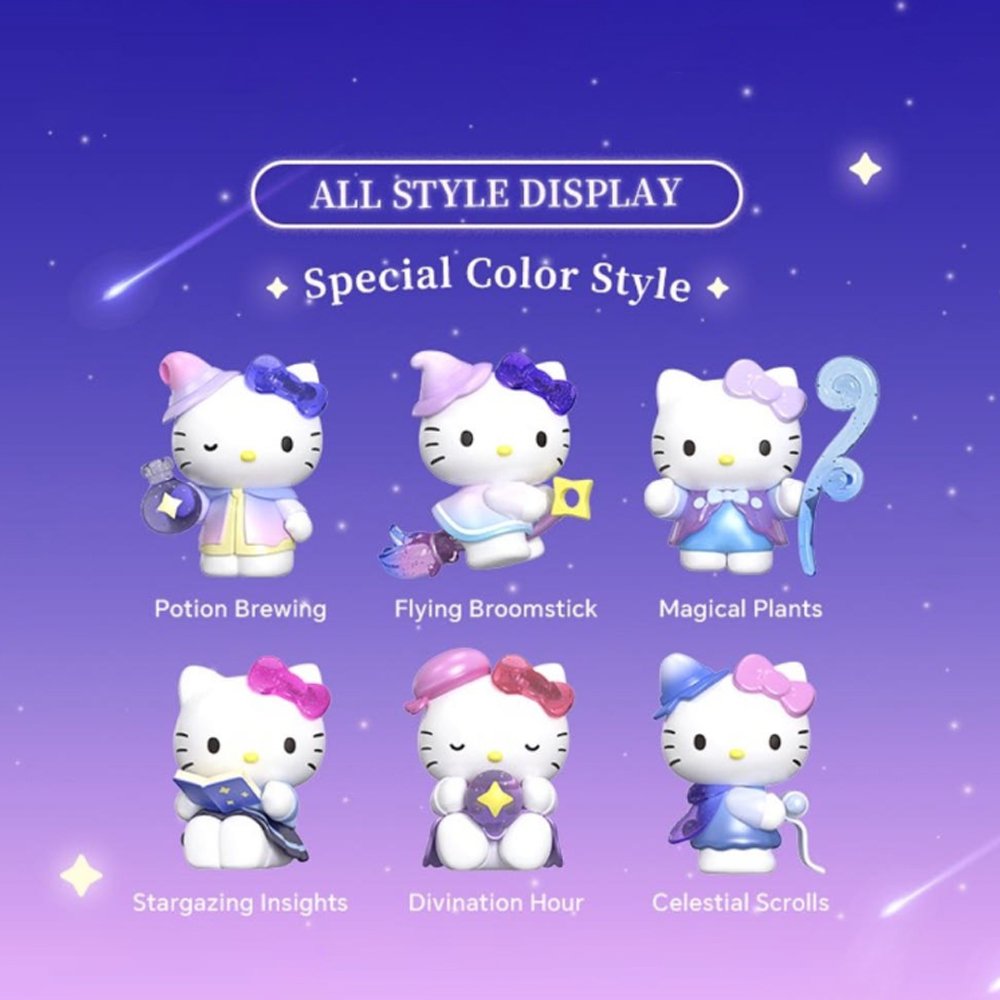 An officially licensed Sanrio collection of Hello Kitty figures in a magical theme, featuring 12 different designs of Hello Kitty dressed as a witch or wizard.