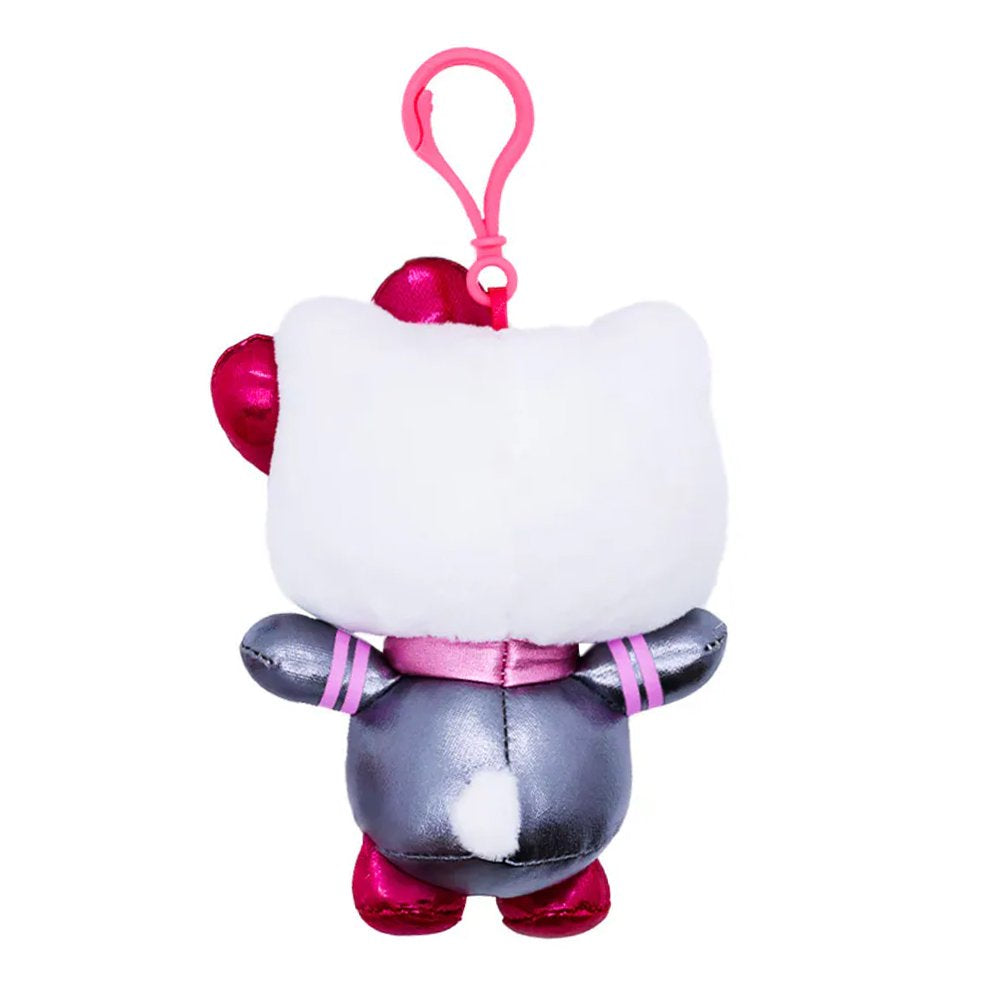 An officially licensed Hello Kitty plush keychain dressed as an astronaut in a metallic silver space suit with pink accents, a pink planetary patch, and a metallic pink bow.