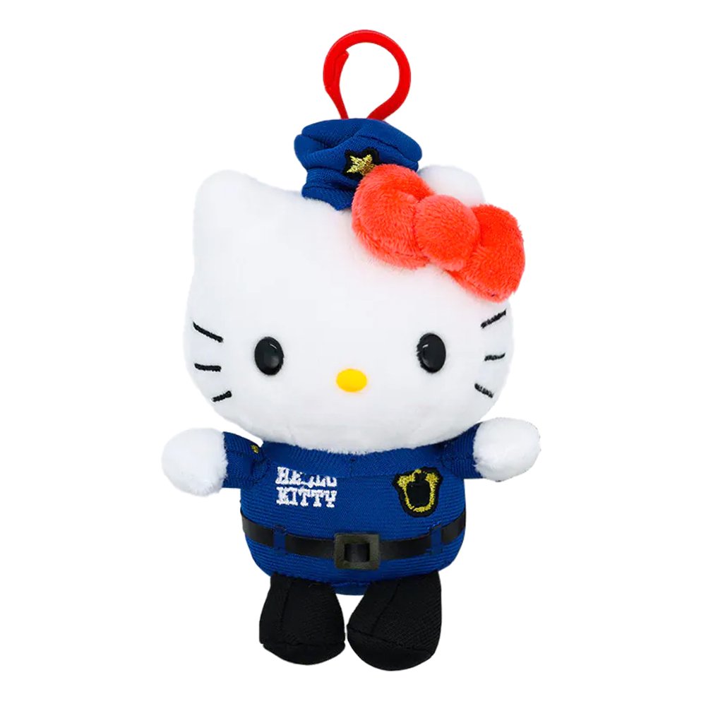 An officially licensed Hello Kitty plush clip-on dressed in a blue police officer uniform with a matching hat, a golden badge, and a red bow, featuring a red plastic attachment clip.