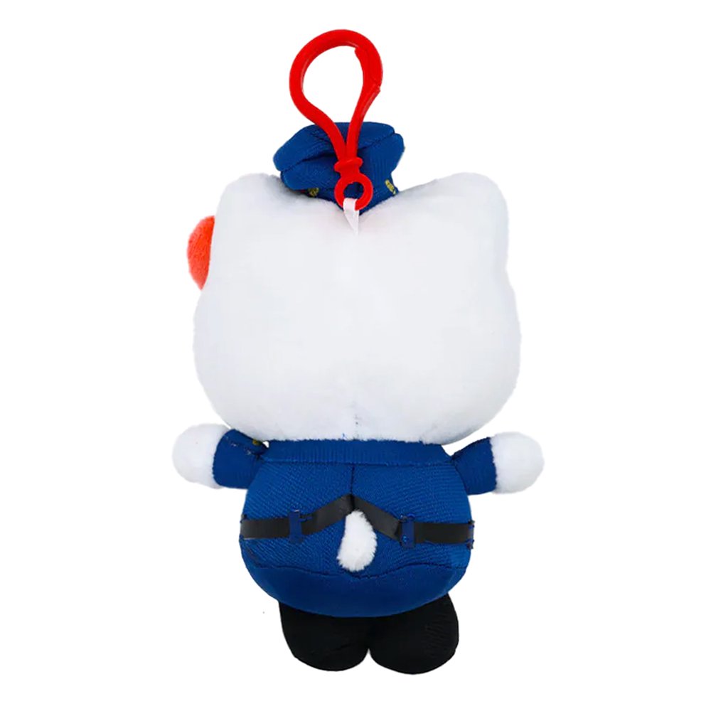 An officially licensed Hello Kitty plush clip-on dressed in a blue police officer uniform with a matching hat, a golden badge, and a red bow, featuring a red plastic attachment clip.