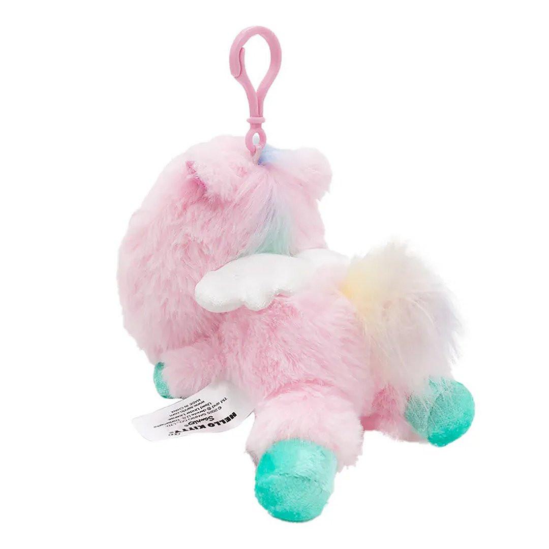 Officially licensed Hello Kitty bag clip plush doll wearing a Pegasus custume a super soft, fluffy pink costume. Features shimmering pastel colors, glittery wings, and a gorgeous rainbow tail, making it a must-have fantasy friend.. Perfect size to attach to your backpack, bag, purse, car, or pants. Ideal collectible toy for fans and Sanrio enthusiasts.