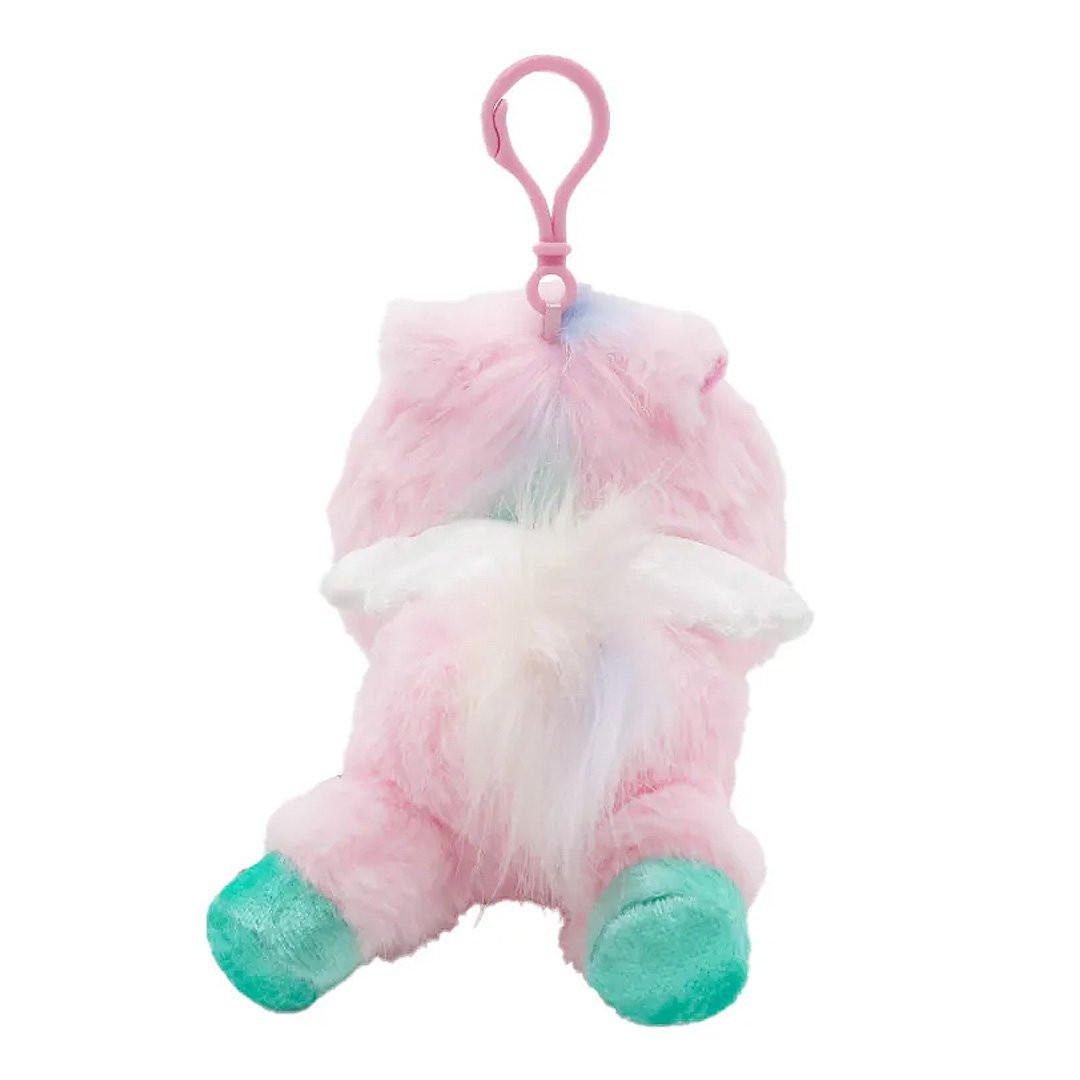 Officially licensed Hello Kitty bag clip plush doll wearing a Pegasus custume a super soft, fluffy pink costume. Features shimmering pastel colors, glittery wings, and a gorgeous rainbow tail, making it a must-have fantasy friend.. Perfect size to attach to your backpack, bag, purse, car, or pants. Ideal collectible toy for fans and Sanrio enthusiasts.