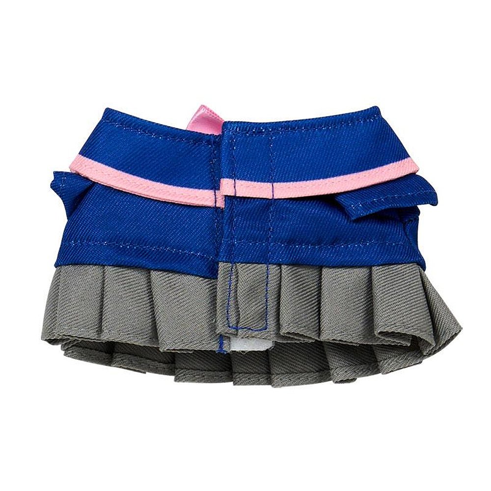 A Sanrio Pitatto Friends M-size doll outfit called the "School Uniform Set" displayed on a pink polka-dot card. The outfit consists of a navy blue blazer with a large pink bow and a Hello Kitty heart badge, a grey pleated skirt, and a pair of white socks. An inset image in the top left corner shows a Hello Kitty plush wearing the complete uniform.