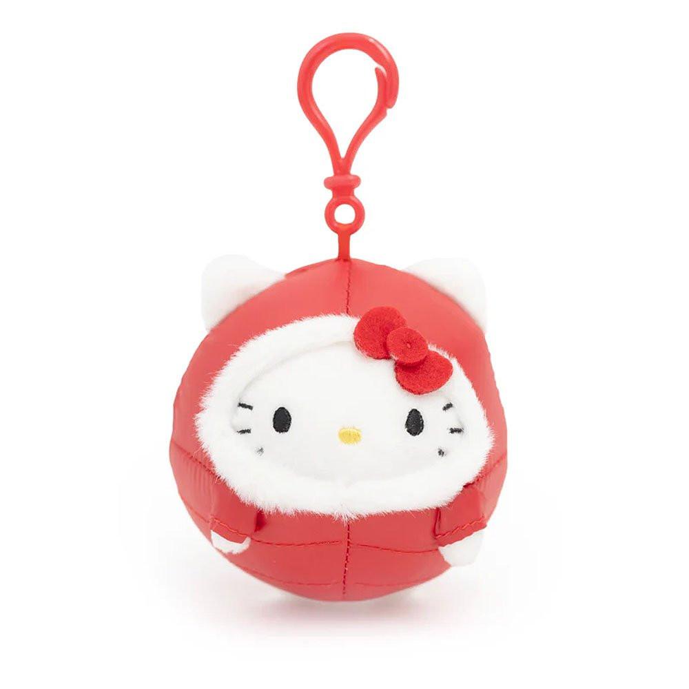 Officially licensed by Sanrio Hello Kitty plush keychain in winter red color puffer jacket . on a white background. There're perfect for bagpack charm, keychain, displaying, or gifting to Sanrio fans of all ages.