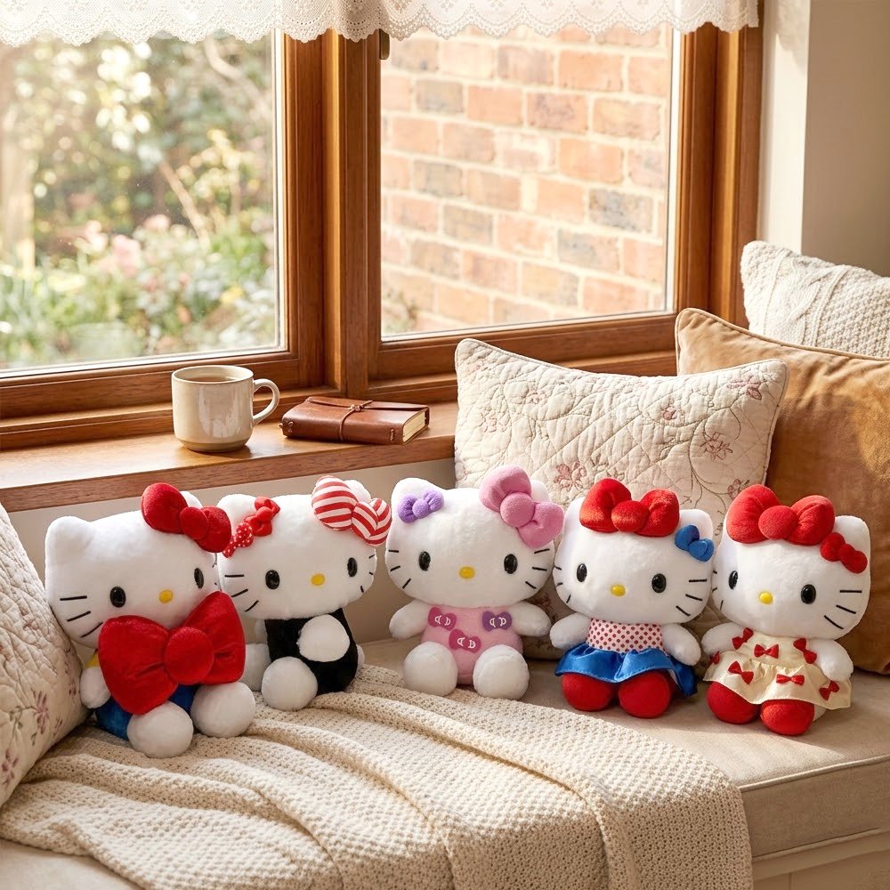 A collection of five officially licensed Sanrio Hello Kitty Ribbon plush soft toys in different colorful outfits. The plushies feature various bow colors and dress patterns, creating a charming and collectible display.