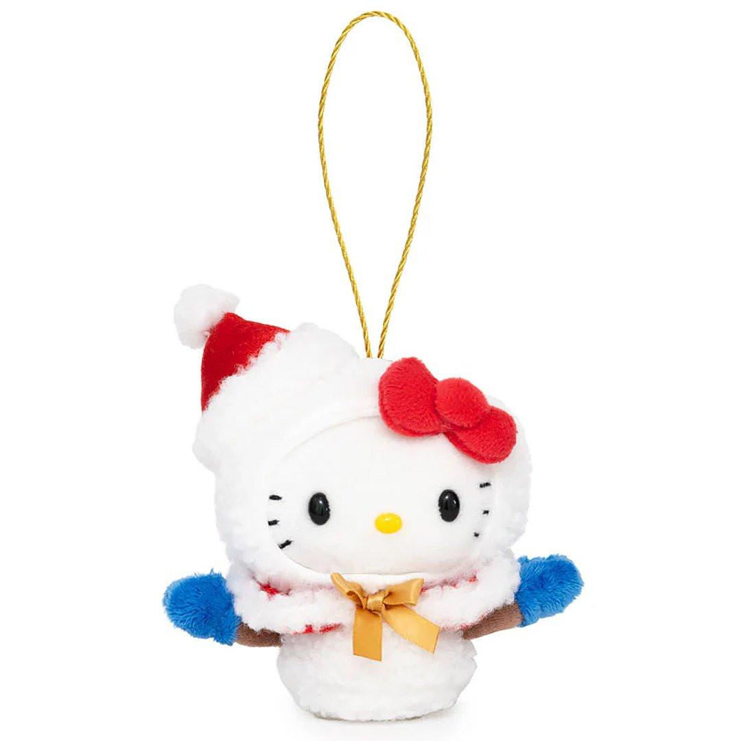 Hello Kitty Plush ornament in a snow man costume with a red hat and cape with gold ribbon on a white background. She's perfect for Christmas ornament decoration, displaying, bag decoration or gifting Christmas to Sanrio fans of all ages.