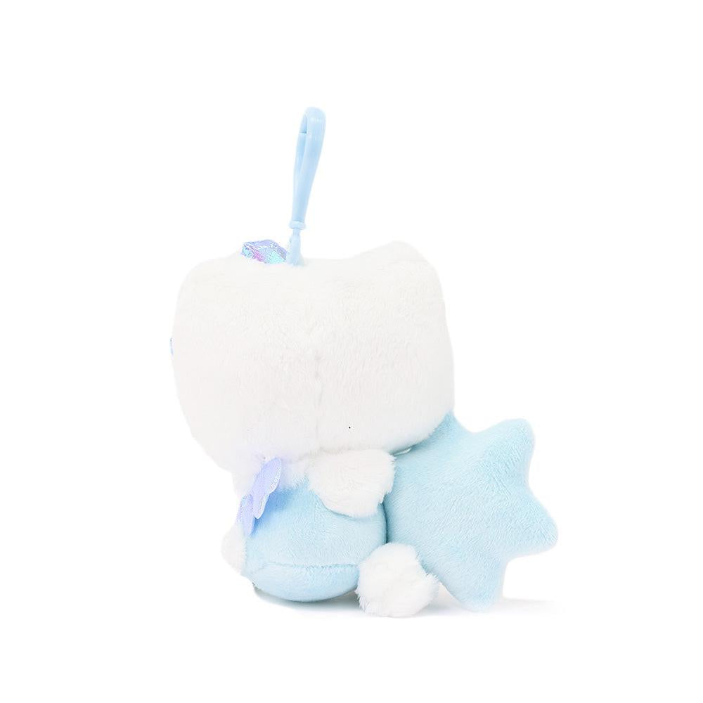 Sanrio Hello Kitty Snow Angel mascot backpack keychain plush with iridescent bow, holding a blue snow flake. makes a great gift for Sanrio fans, plush collectors, Thanksgiving, or Christmas!