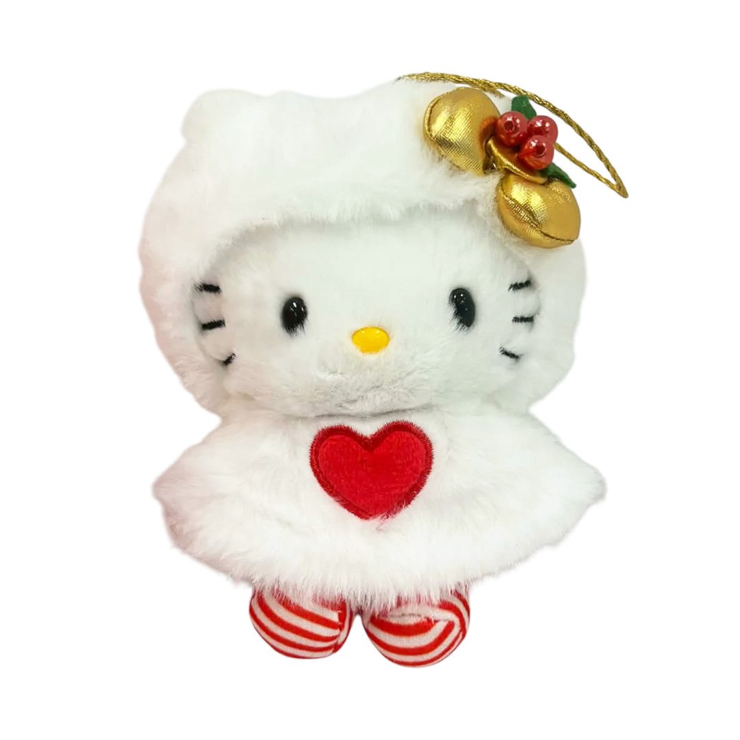 Collectible Sanrio Hello Kitty bag charms or Christmas ornaments featuring four different furry snow white cape designs, perfect for holiday decorating and accessorizing.