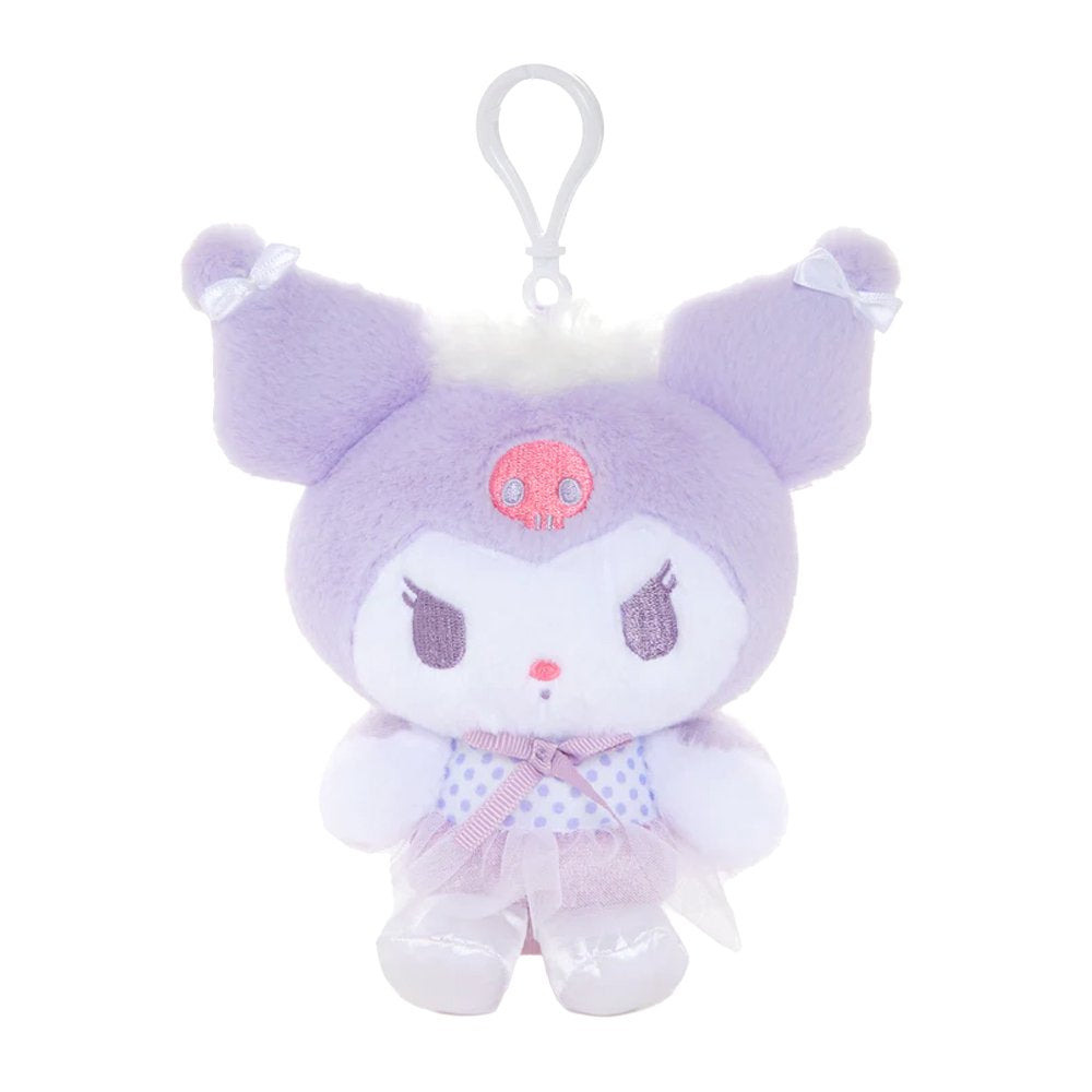 An officially licensed Sanrio Kuromi plush keychain featuring Kuromi in a lavender ballerina tutu and polka-dot bodice. The plush includes her signature pink skull icon, white angel wings, and a white plastic clip for easy attachment.
