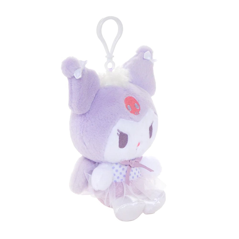 An officially licensed Sanrio Kuromi plush keychain featuring Kuromi in a lavender ballerina tutu and polka-dot bodice. The plush includes her signature pink skull icon, white angel wings, and a white plastic clip for easy attachment.